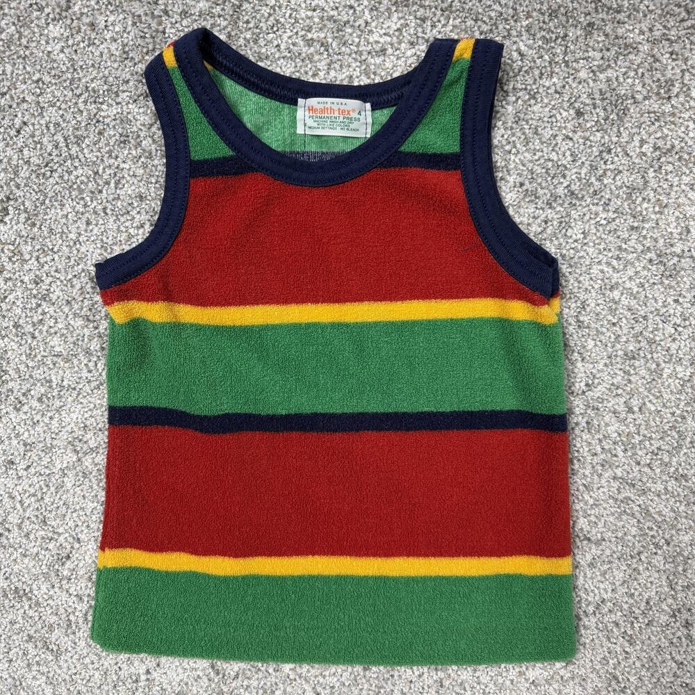 Vintage Healthtex Tank Top Kids 4 Earth-Tone Rainbow Striped Terry Cloth USA 70s
